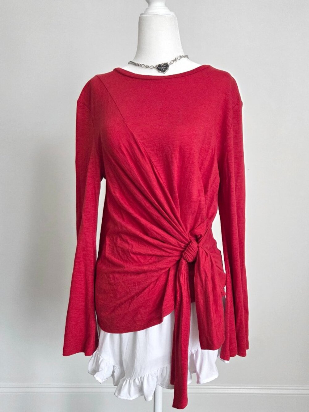 Abound Red Knot Long Sleeve Top XS Flare Sleeve Tie Modal Cotton Bohemian Indie